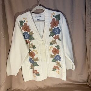 Alfred Dunner White Floral Embroidered Cardigan Sweater